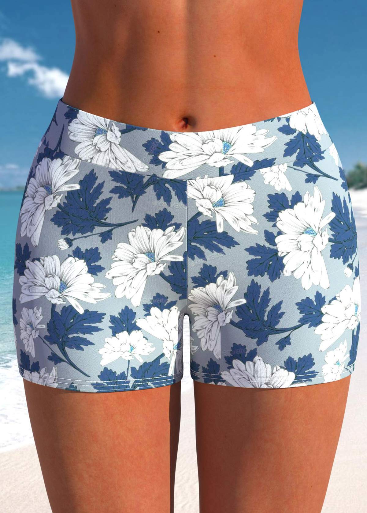 ROTITA Dusty Blue Floral Print Mid Waisted Swim Shorts