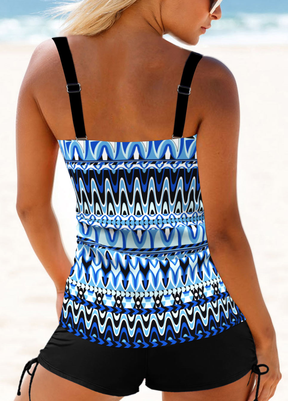 Blue swimwear,Geometric swimwear,ROTITA Patchwork Blue Geometric Print Tankini Top