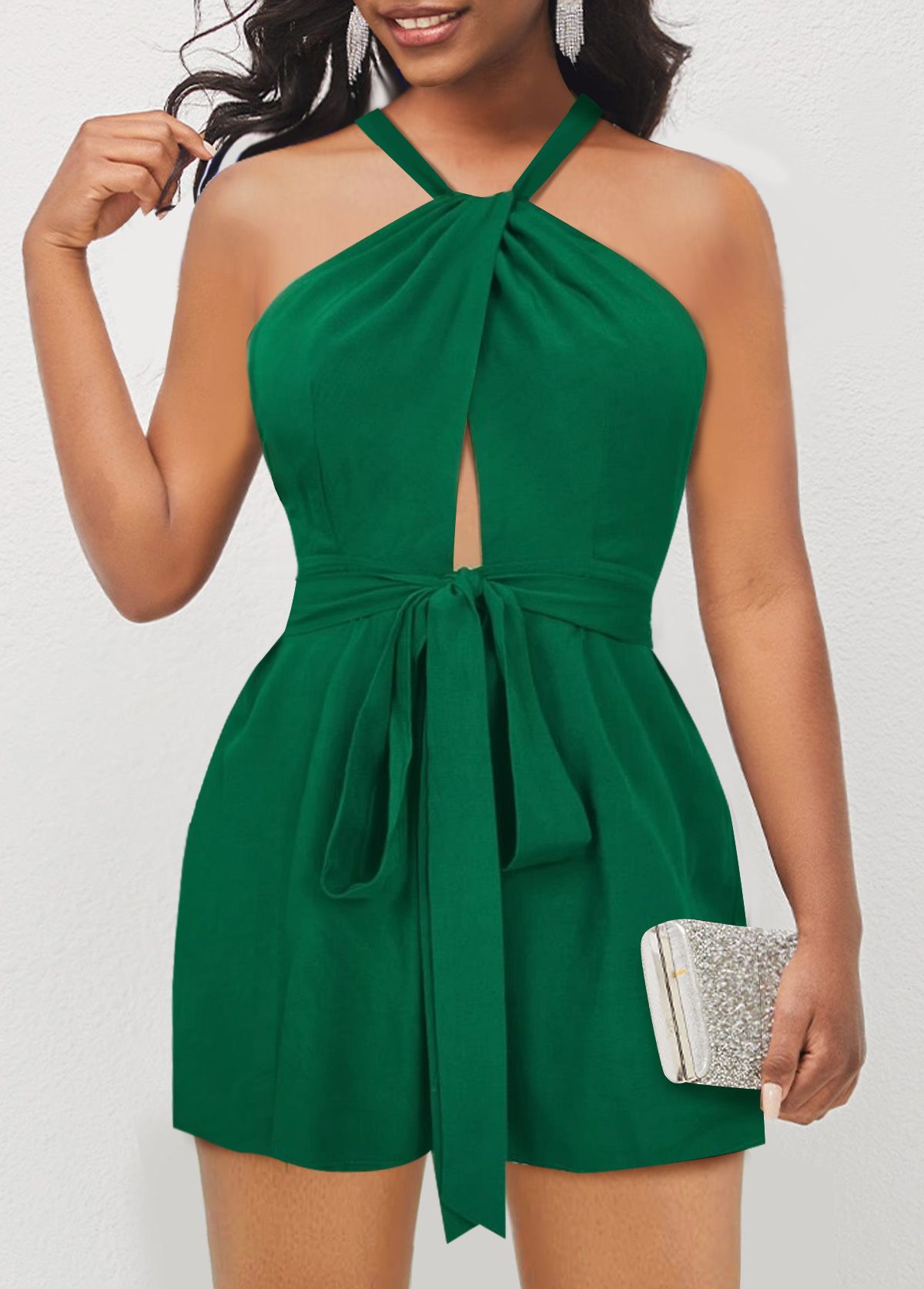 ROTITA Tie Green Belted Halter Sleeveless Romper
