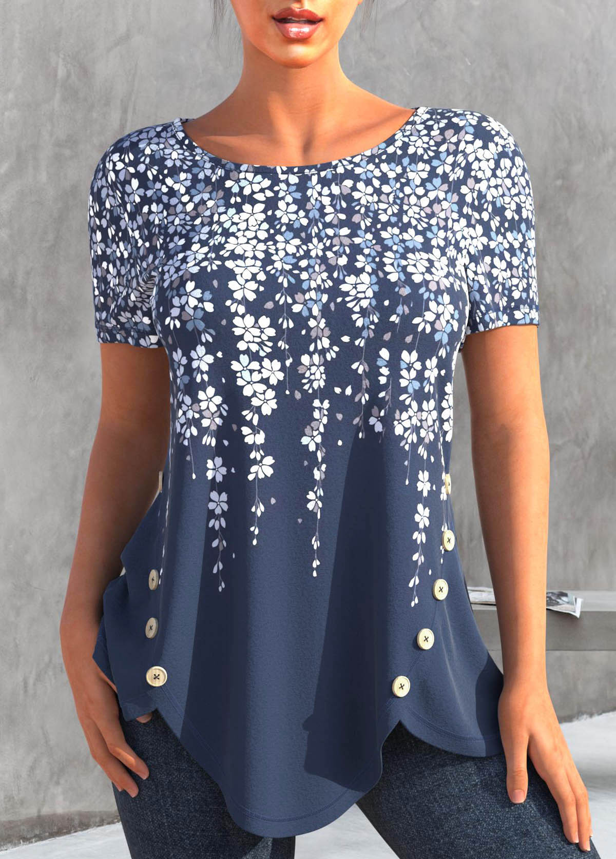 ROTITA Asymmetry Floral Print Denim Blue T Shirt