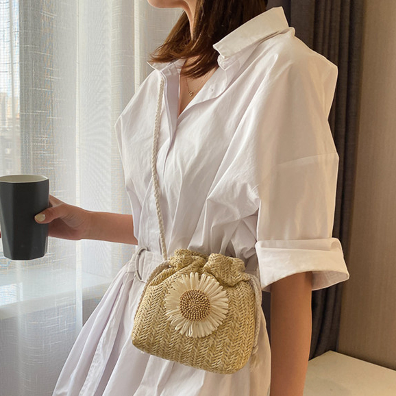 Light Camel accessories,Plants accessories,Floral accessories,Sunflower Print Light Camel Drawstring Shoulder Bag