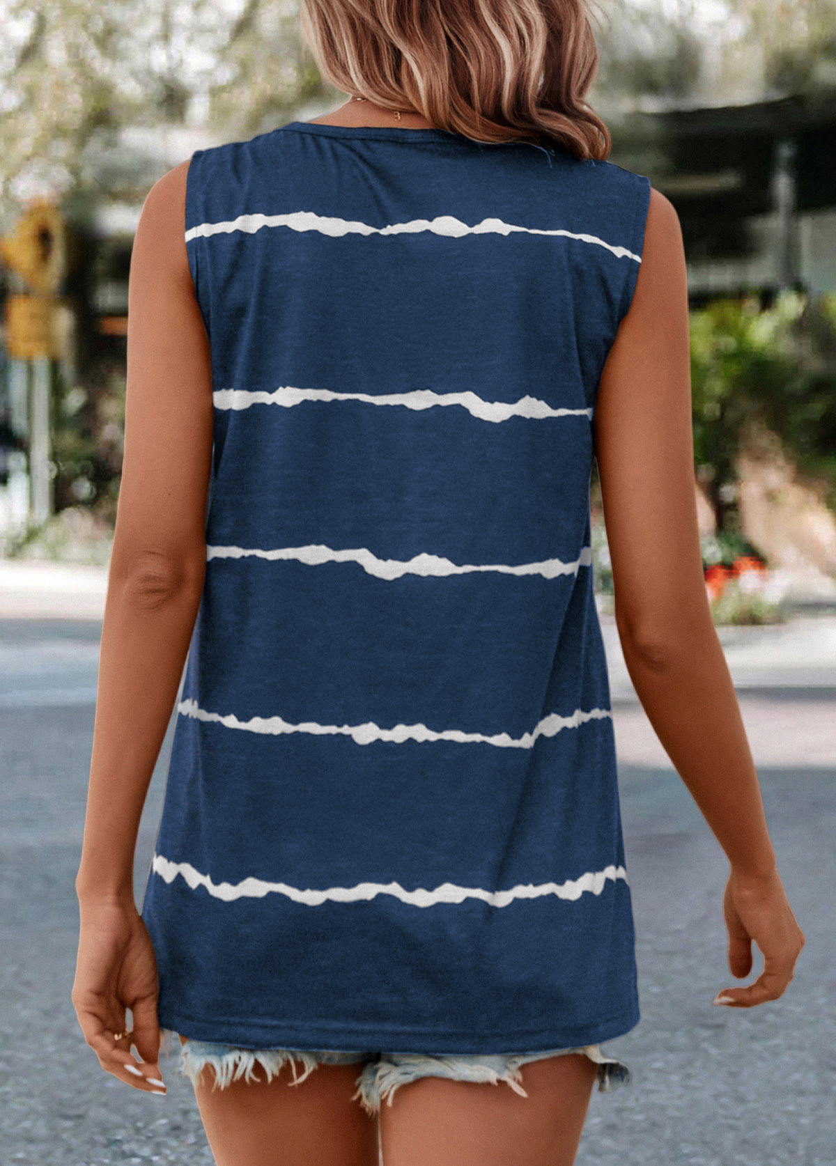 Dark Blue tops,Striped tops,Pocket Striped Dark Blue V Neck Tank Top
