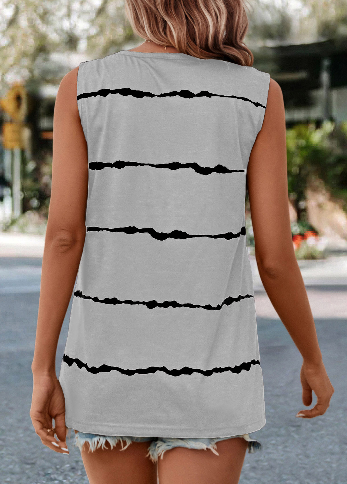 Light Grey tops,Striped tops,Pocket Striped Light Grey V Neck Tank Top