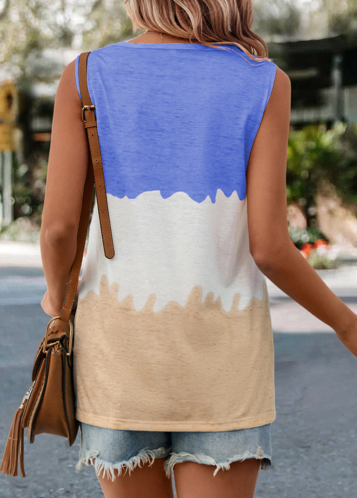 Blue tops,White tops,Contrast Color tops,Pocket Blue V Neck Tank Top