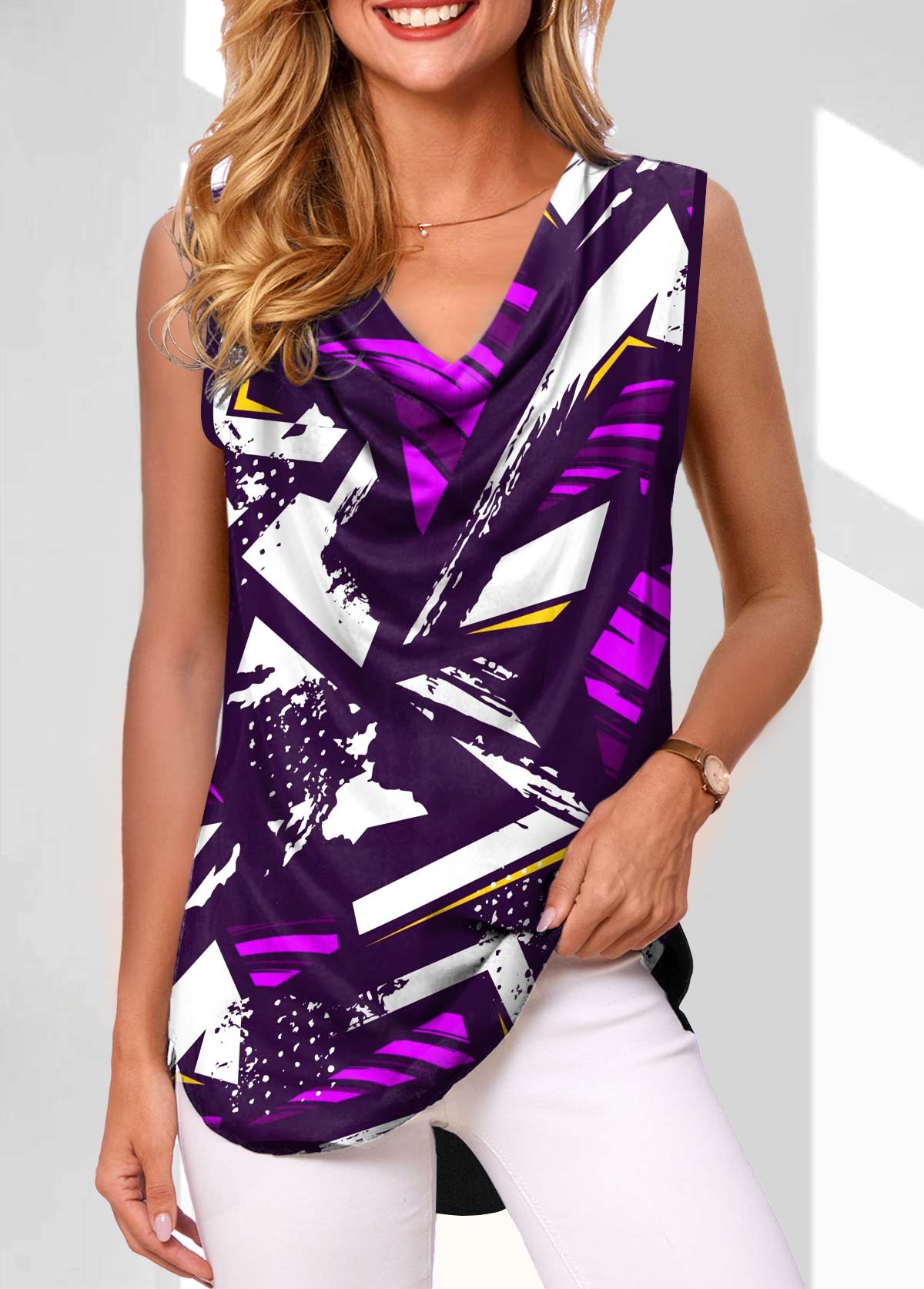 ROTITA Geometric Print Multi Color Draped Neck Tank Top