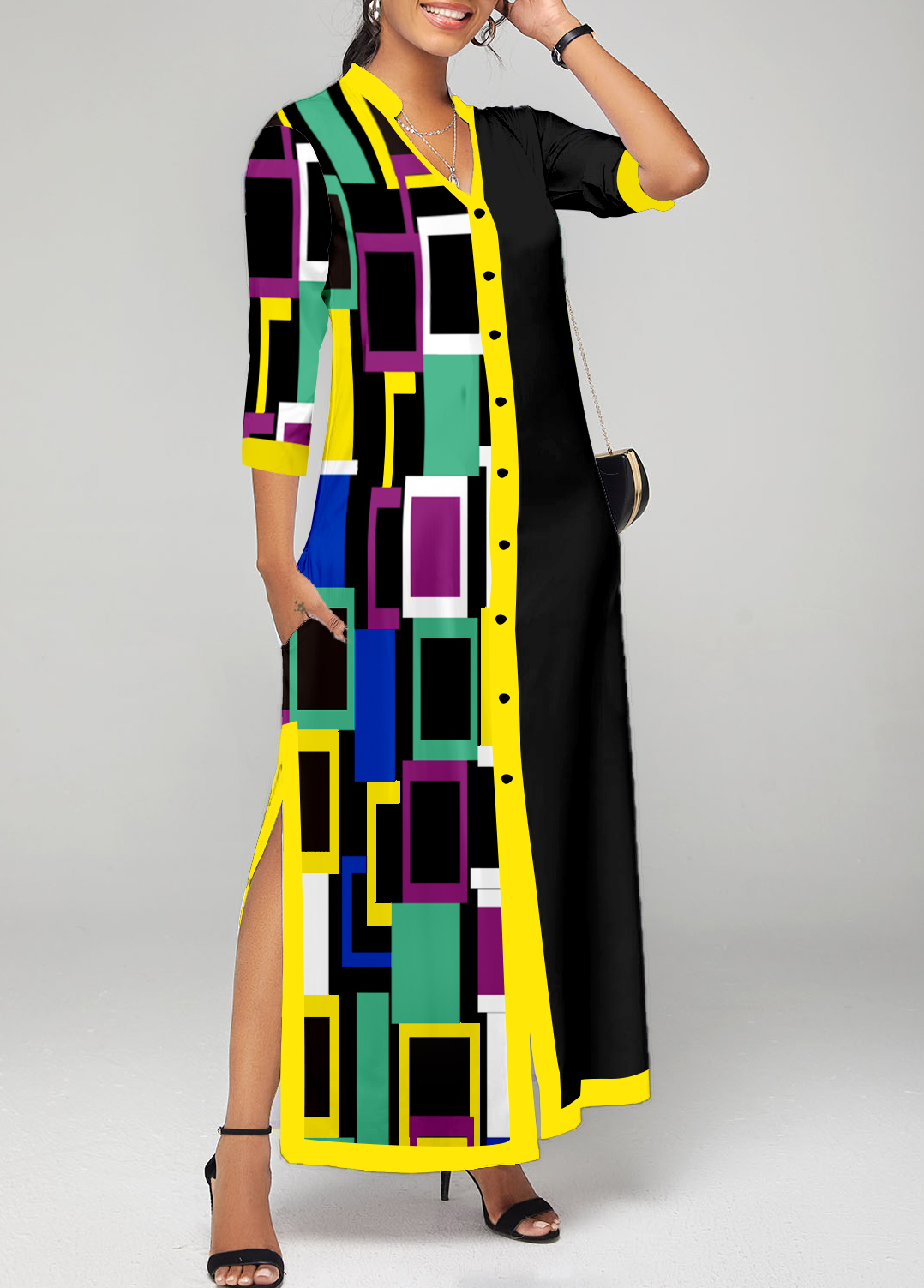 Black dresses,Geometric dresses,ROTITA Contrast Binding Geometric Print Black Maxi Dress