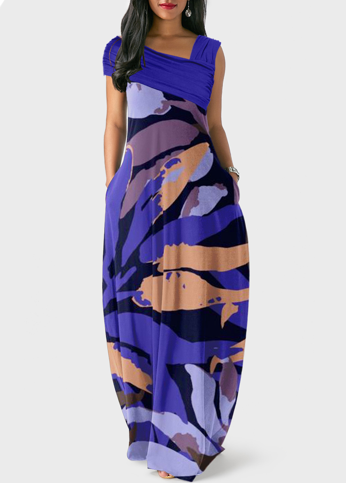 ROTITA Ruched Leaf Print Purple Maxi Dress