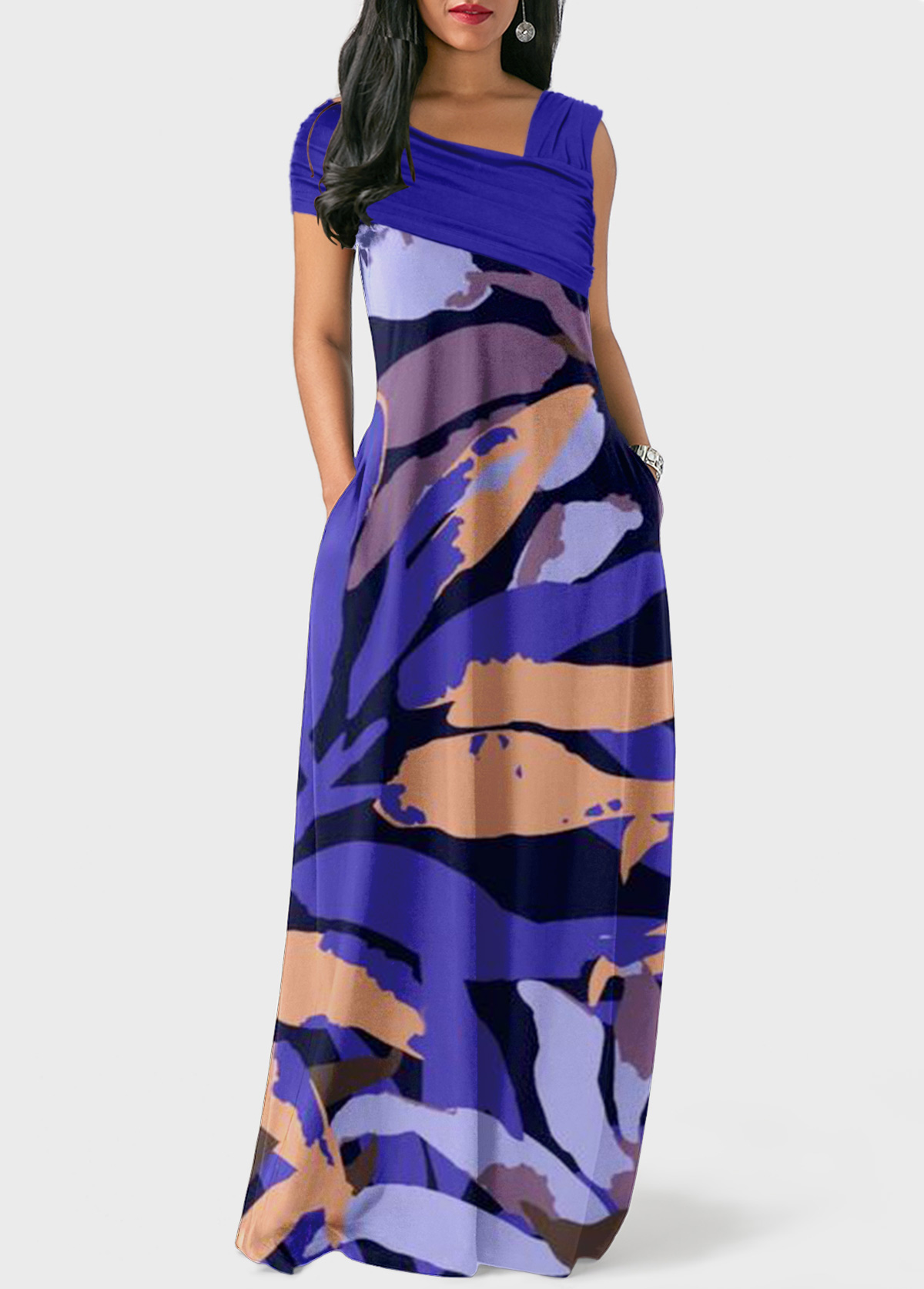 Purple dresses,Plants dresses,ROTITA Ruched Leaf Print Purple Maxi Dress