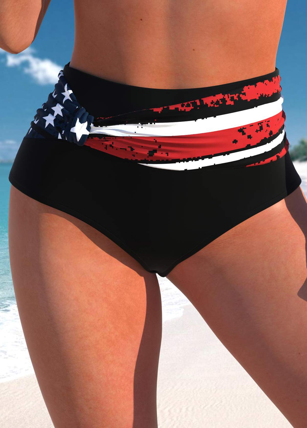ROTITA Bas de bikini taille haute noir à imprimé drapeau américain