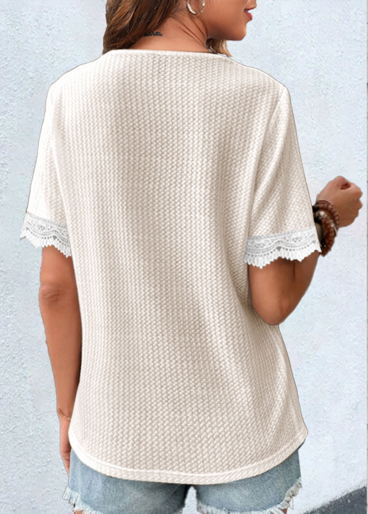 Raw white tops,Plain Color tops,ROTITA Lace Raw White V Neck T Shirt