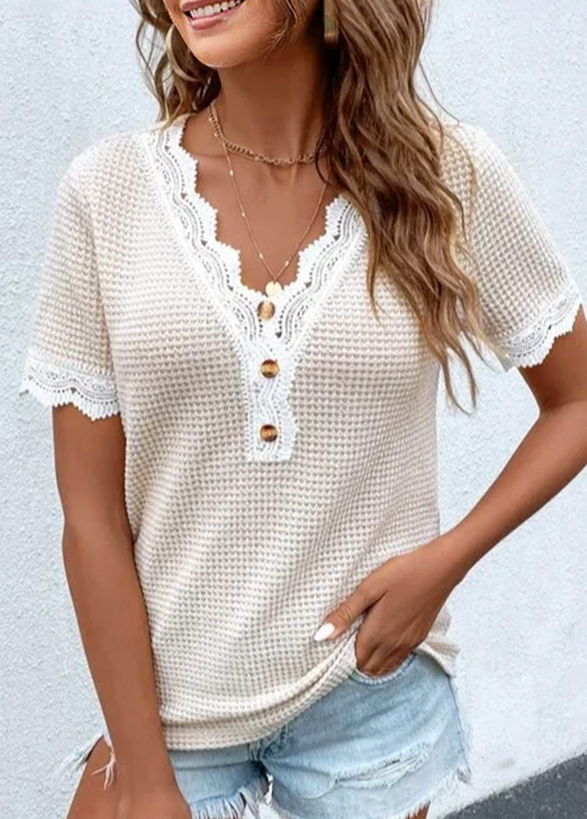 Raw white tops,Plain Color tops,ROTITA Lace Raw White V Neck T Shirt