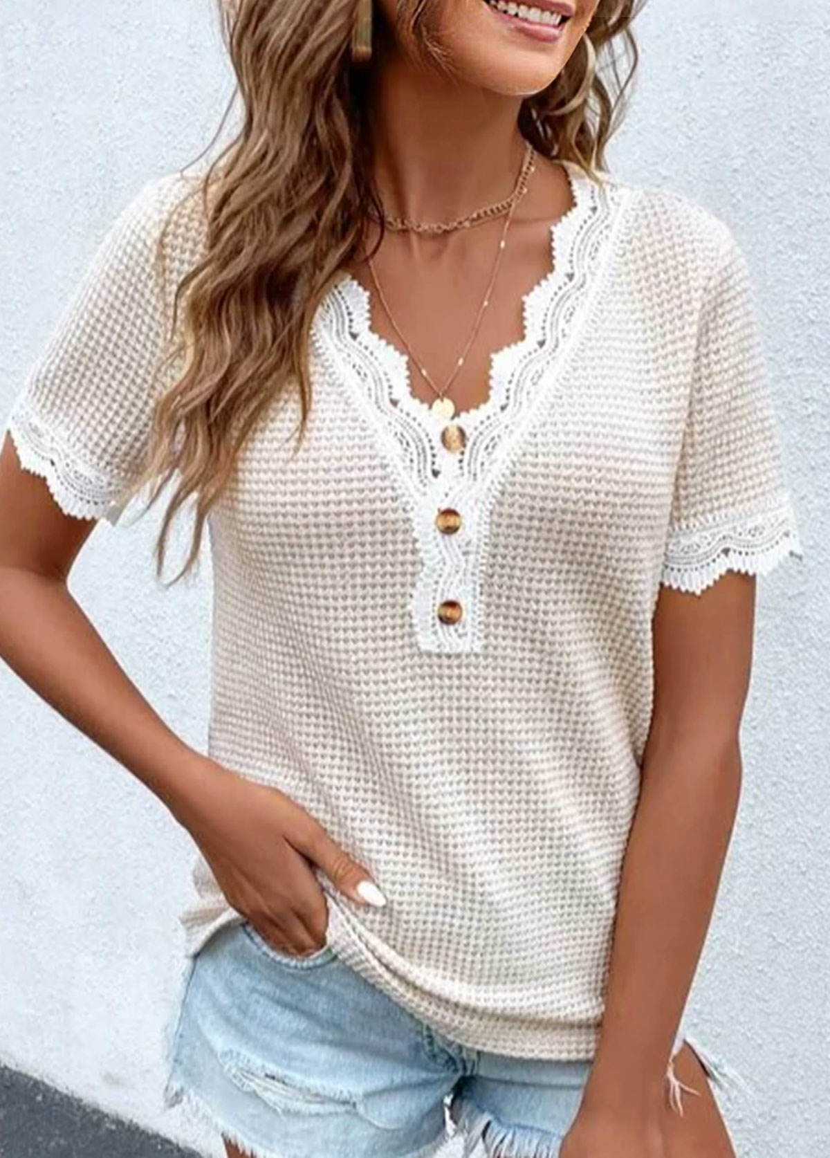 Raw white tops,Plain Color tops,ROTITA Lace Raw White V Neck T Shirt
