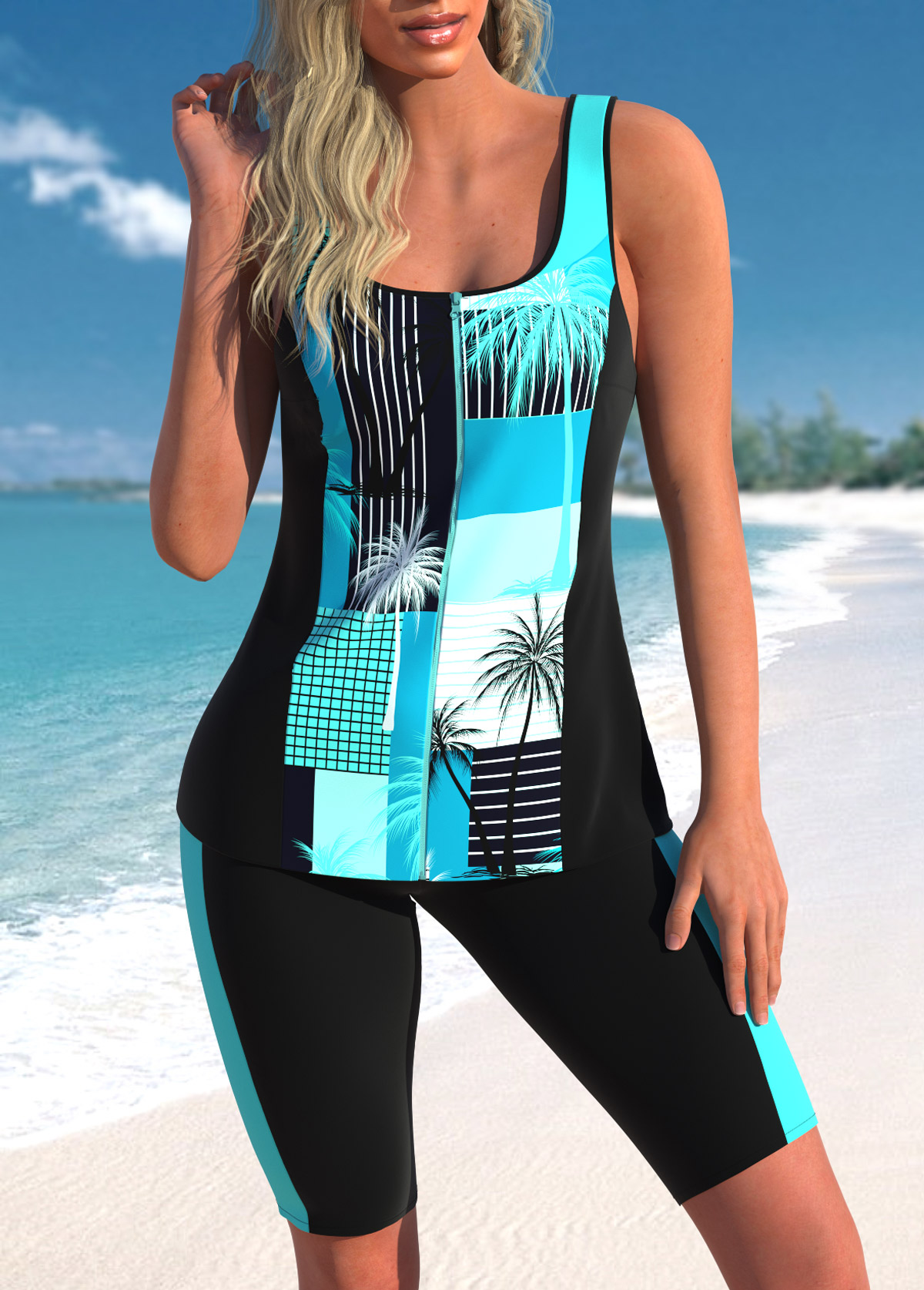 Zipper Cyan Tropical Plants Print Tankini Set