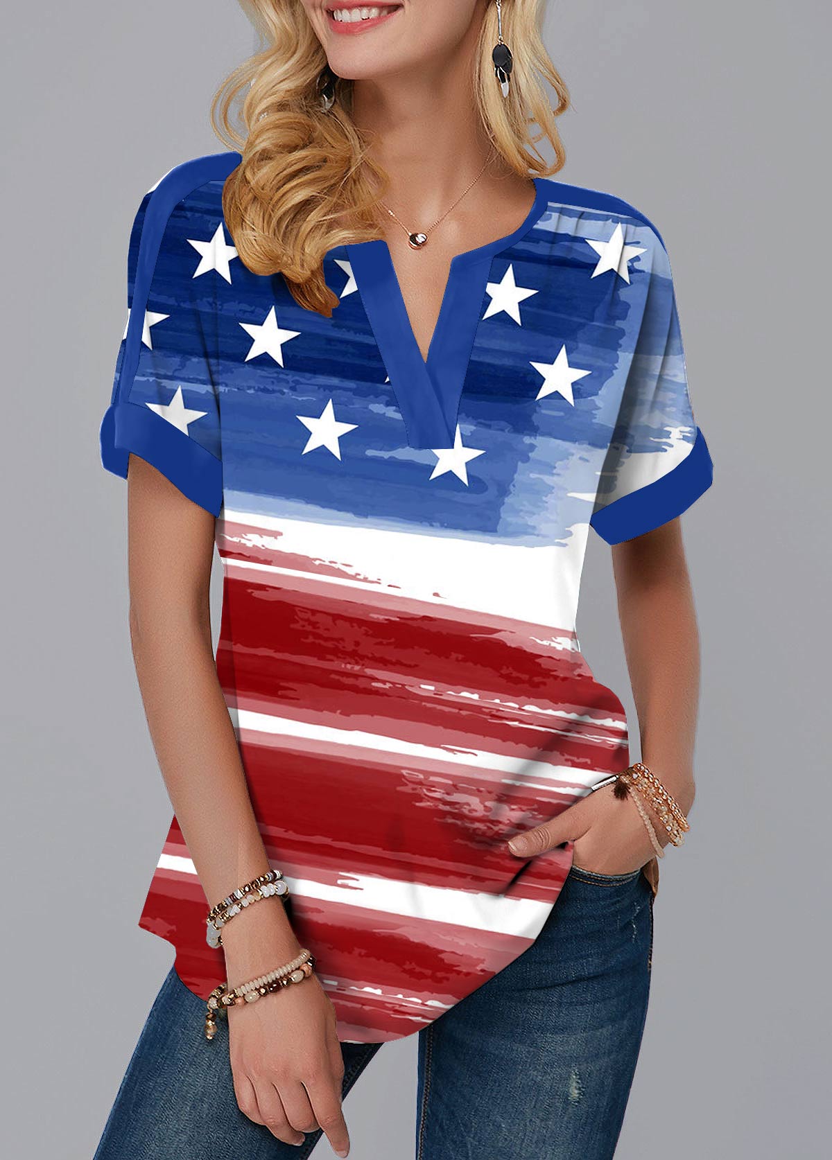 Dark Blue tops,Flag tops,Ombre tops,ROTITA Flag Print Dark Blue Split Neck Blouse