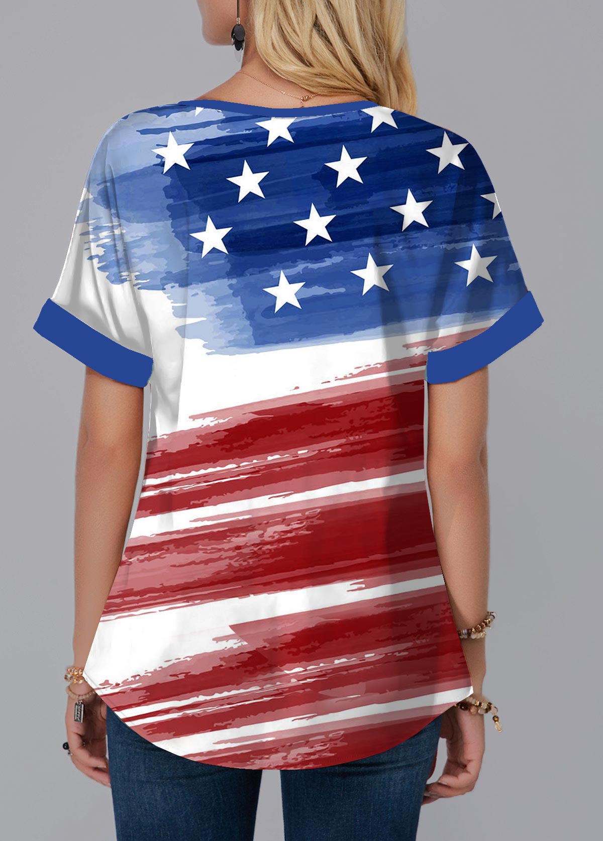 Dark Blue tops,Flag tops,Ombre tops,ROTITA Flag Print Dark Blue Split Neck Blouse