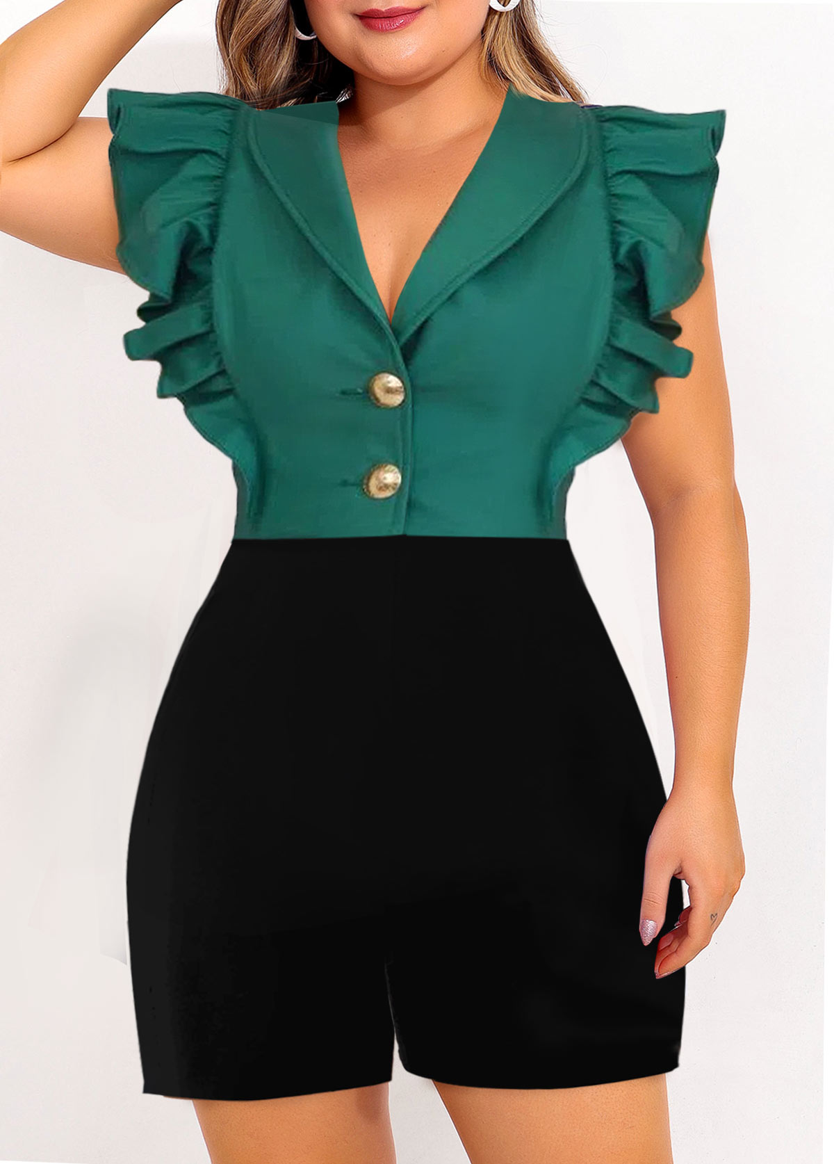 Green plus size,Black plus size,Contrast Color plus size,ROTITA Plus Size Shawl Collar Sleeveless Regular Romper