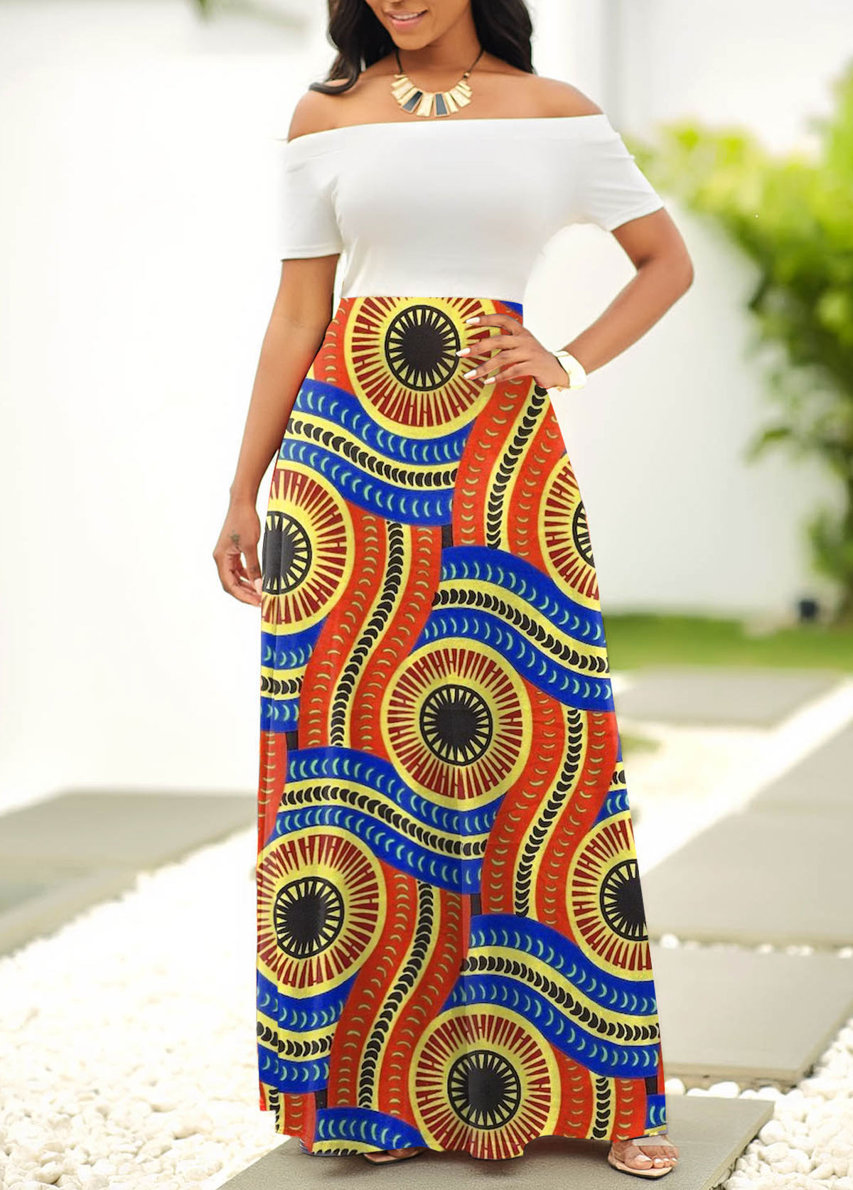 ROTITA Patchwork Tribal Print Multi Color Maxi Dress