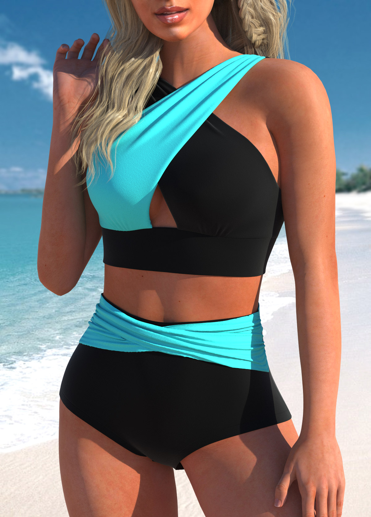 Cyan swimwear,Black swimwear,Contrast Color swimwear,ROTITA Contrast Criss Cross Cyan Bikini Top