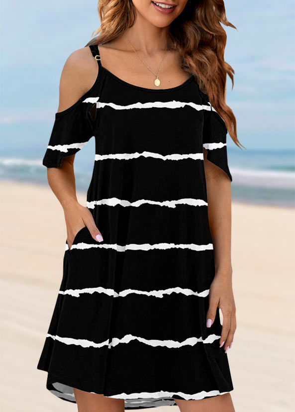 ROTITA Pocket Striped Black Short A Line Scoop Neck Dress