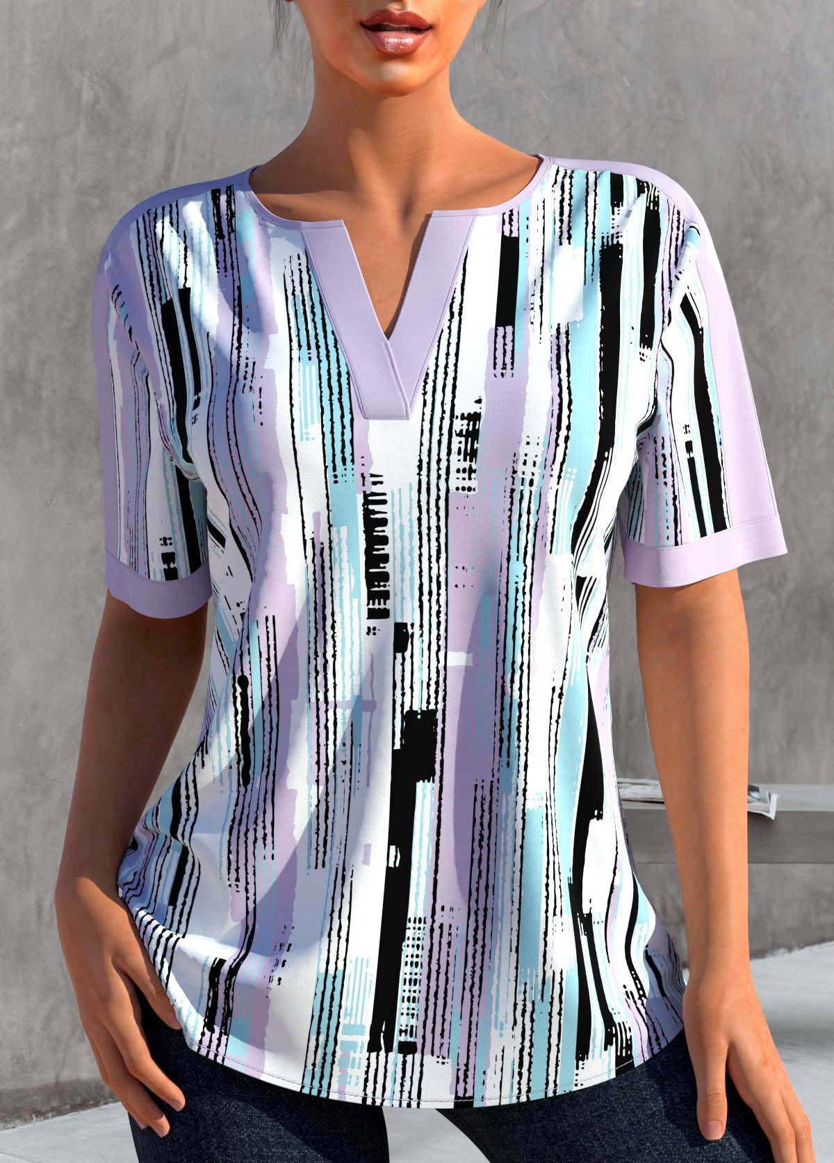 ROTITA Split Geometric Print Light Purple Short Sleeve Blouse