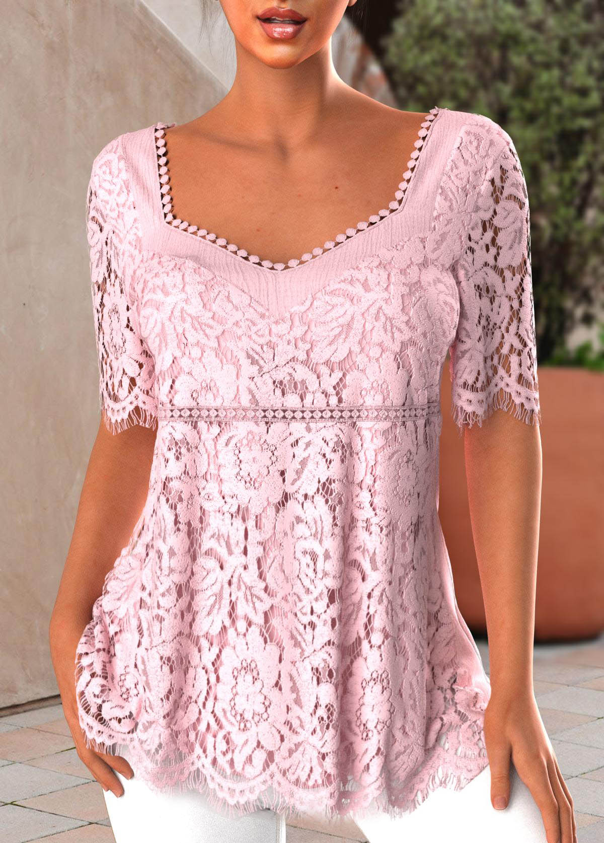 Light Pink tops,Plain Color tops,ROTITA Lace Light Pink Heart Collar Short Sleeve Blouse
