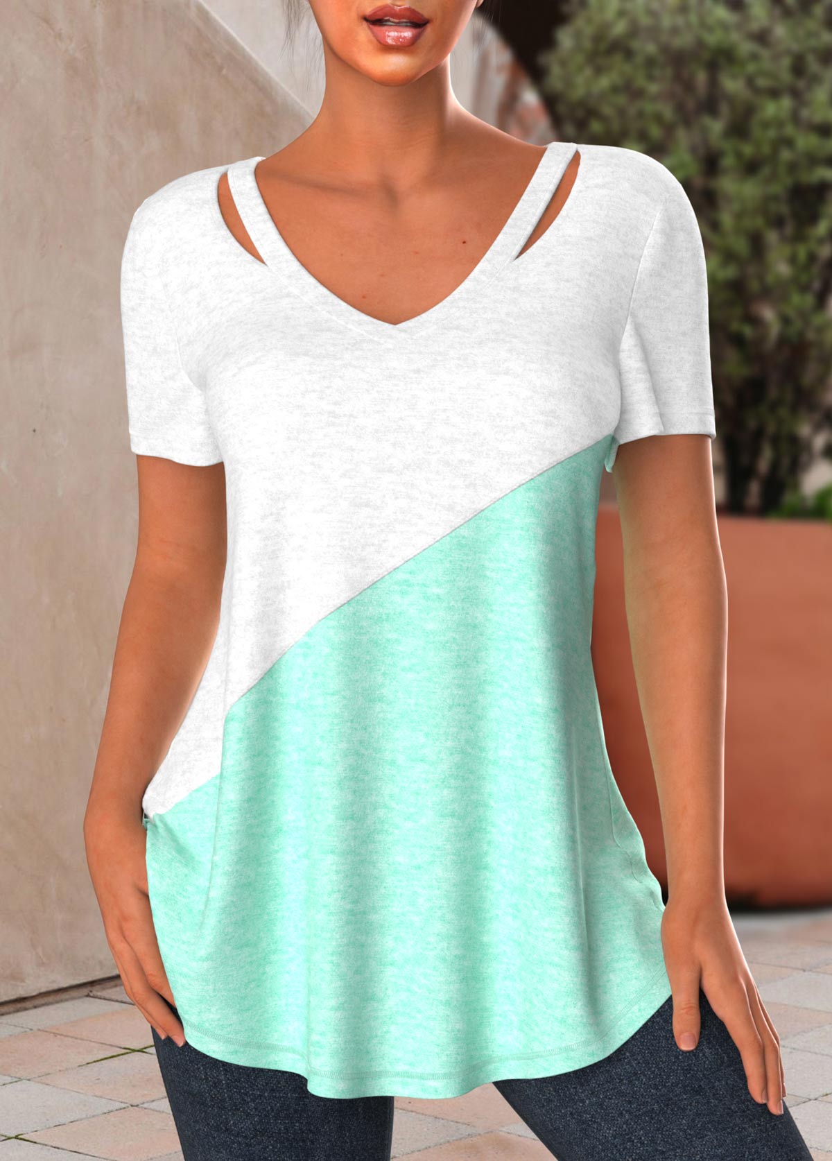 Mint Green tops,White tops,Contrast Color tops,ROTITA Patchwork Mint Green V Neck T Shirt