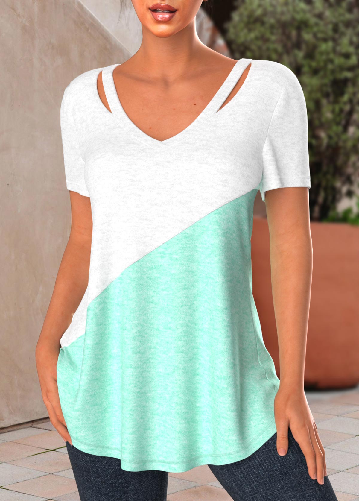 Mint Green tops,White tops,Contrast Color tops,ROTITA Patchwork Mint Green V Neck T Shirt