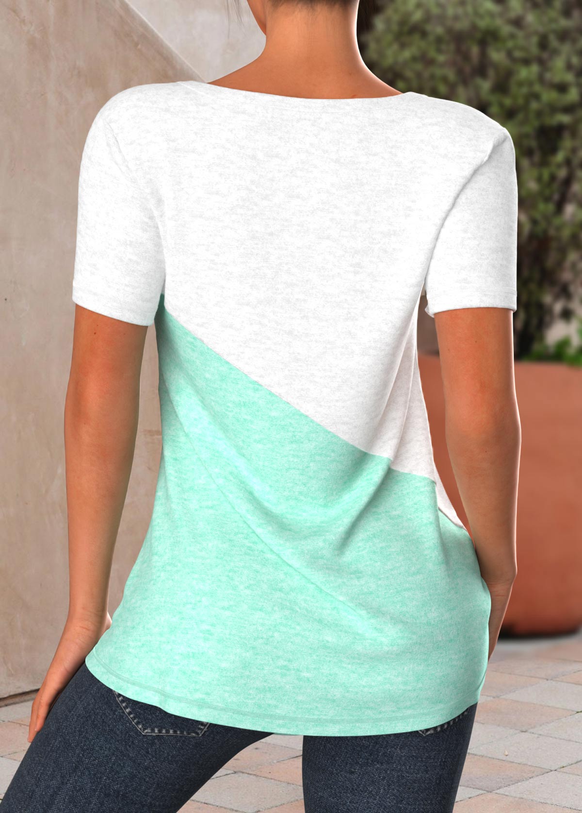 Mint Green tops,White tops,Contrast Color tops,ROTITA Patchwork Mint Green V Neck T Shirt