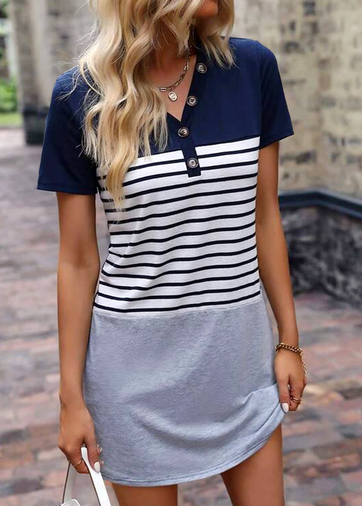 ROTITA Navy Short Sleeve Button V Neck Dress