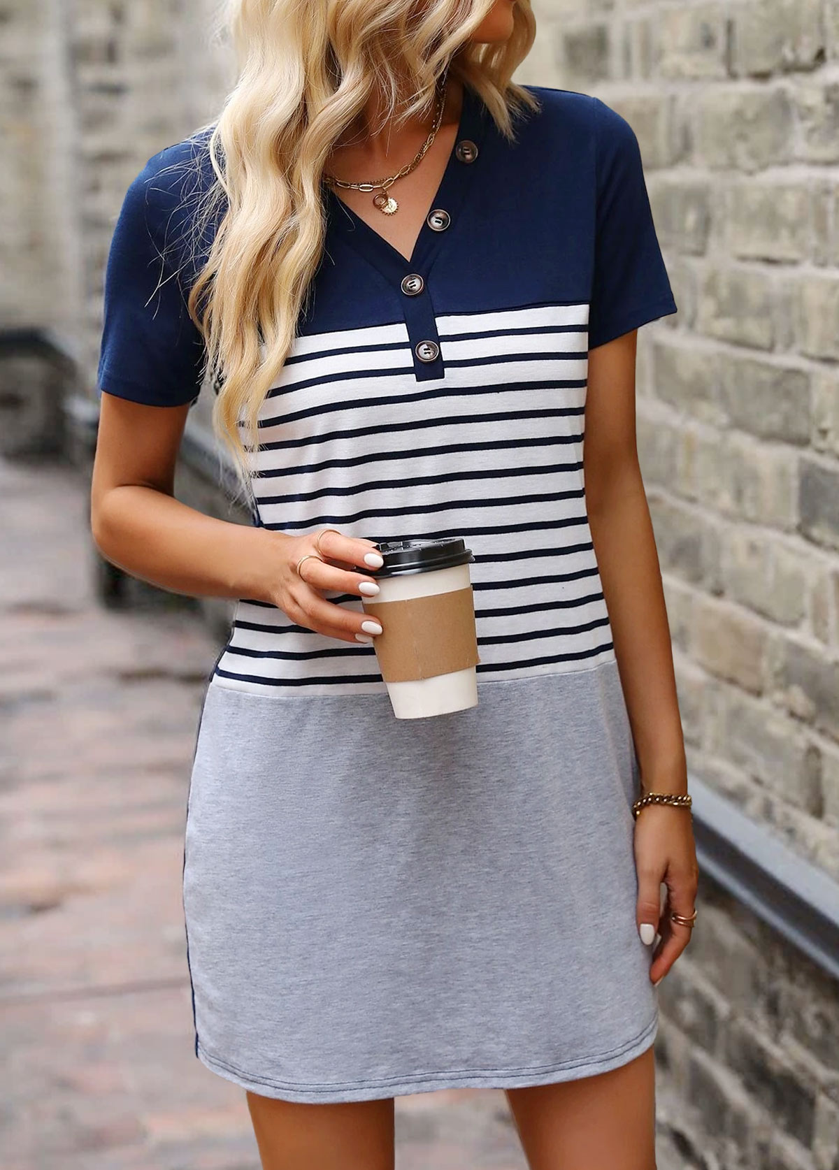 Navy dresses,Contrast Color dresses,Striped dresses,Geometric dresses,ROTITA Navy Short Sleeve Button V Neck Dress