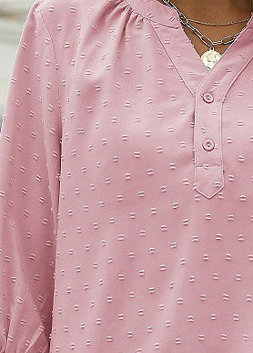 Pink tops,Plain Color tops,Pink 3/4 Sleeve Split Neck T Shirt