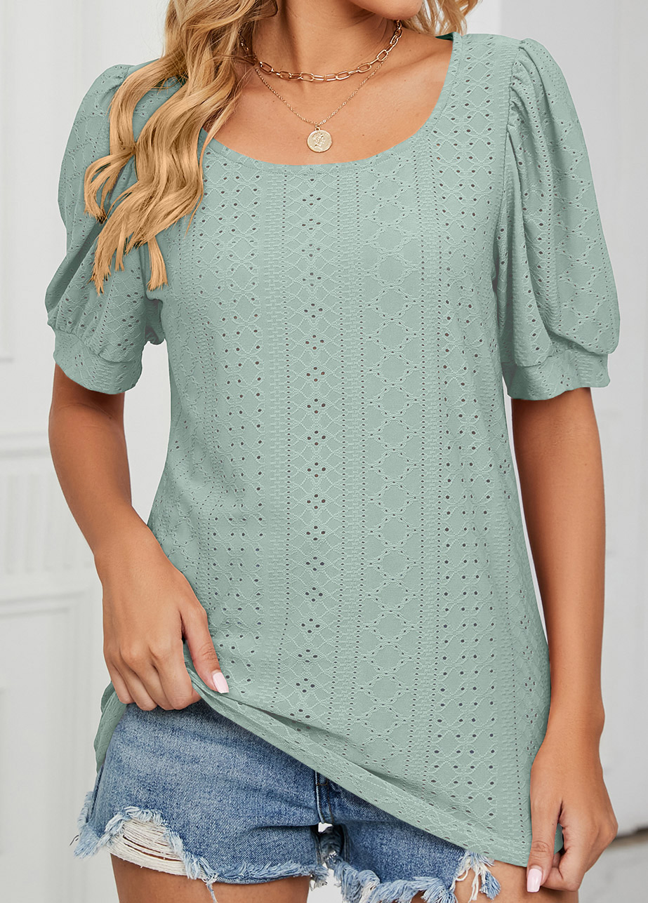 Sage Green tops,Plain Color tops,Hole Sage Green Round Neck T Shirt