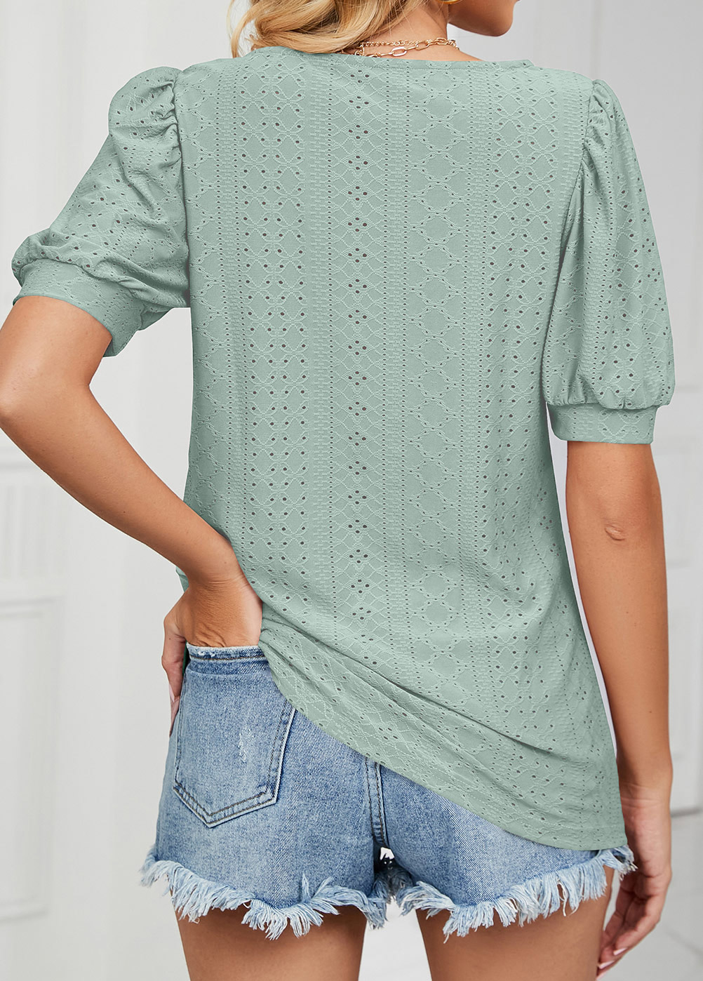 Sage Green tops,Plain Color tops,Hole Sage Green Round Neck T Shirt