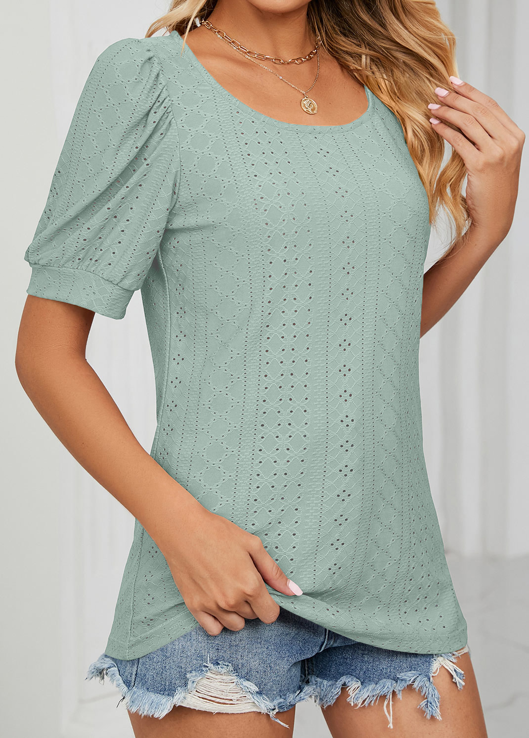 Sage Green tops,Plain Color tops,Hole Sage Green Round Neck T Shirt