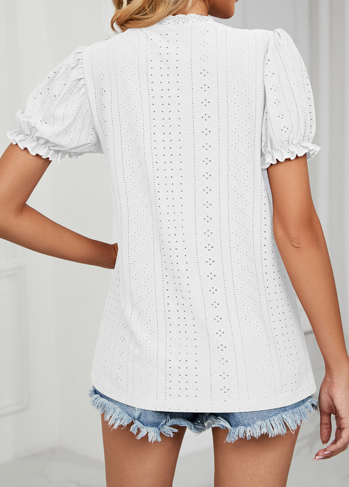 White tops,Plain Color tops,Lace White V Neck Short Sleeve T Shirt