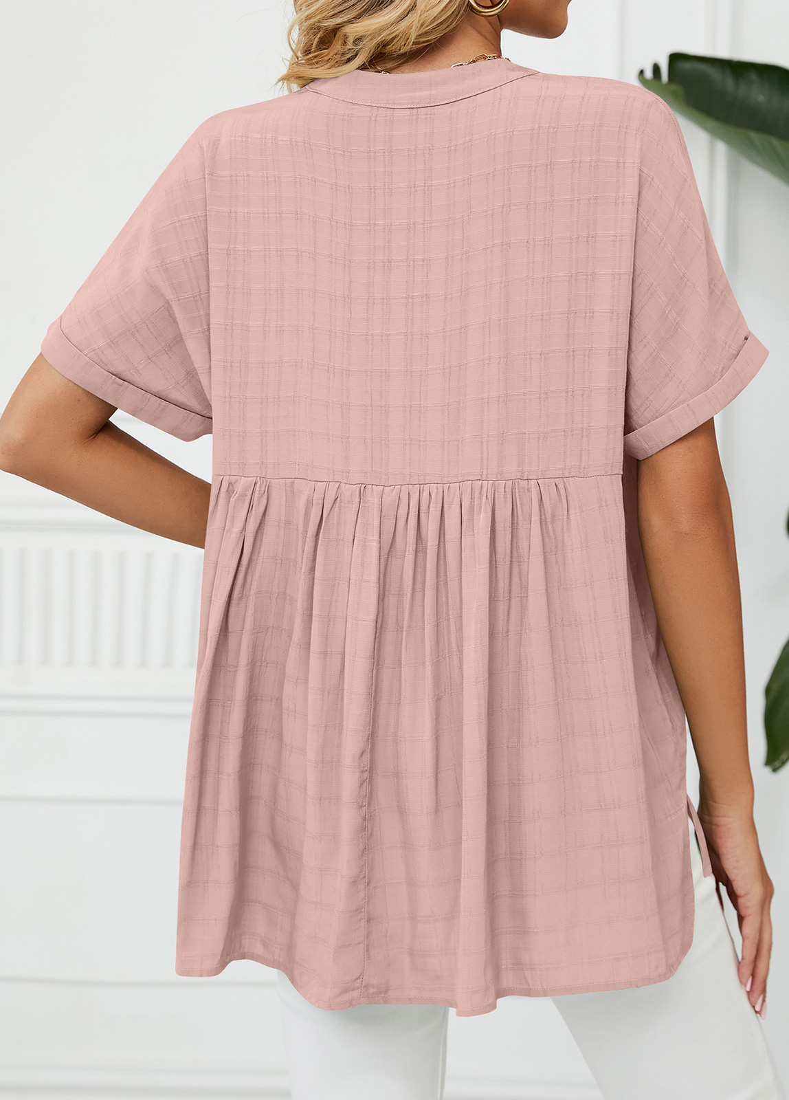 Light Pink tops,Plain Color tops,Split Light Pink Short Sleeve Blouse