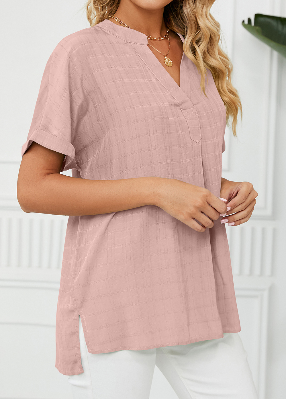 Light Pink tops,Plain Color tops,Split Light Pink Short Sleeve Blouse