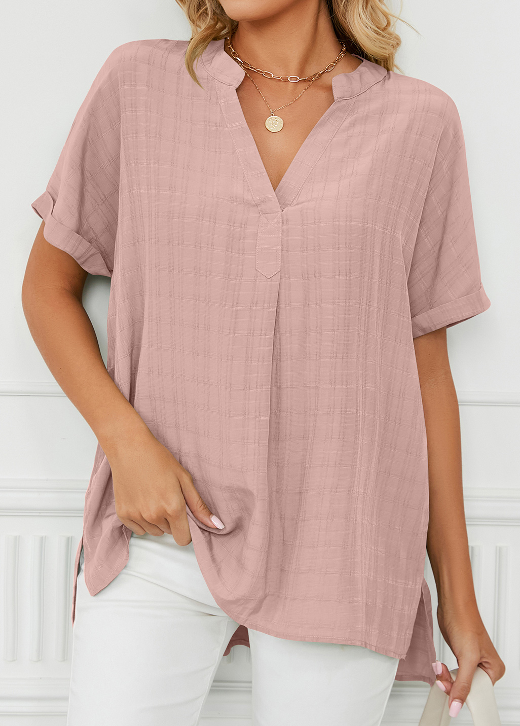 Light Pink tops,Plain Color tops,Split Light Pink Short Sleeve Blouse