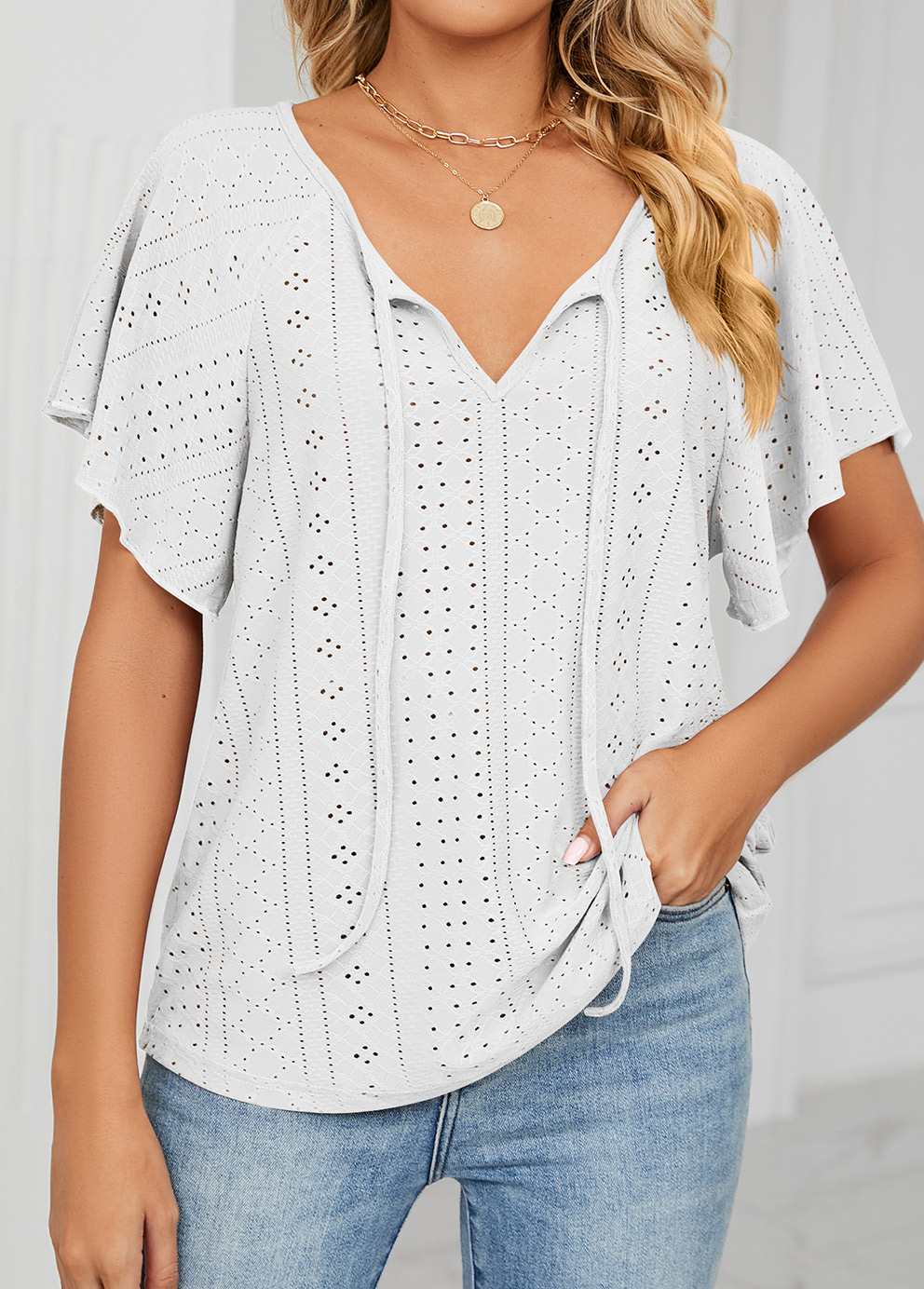 White tops,Plain Color tops,Tie White V Neck Short Sleeve T Shirt