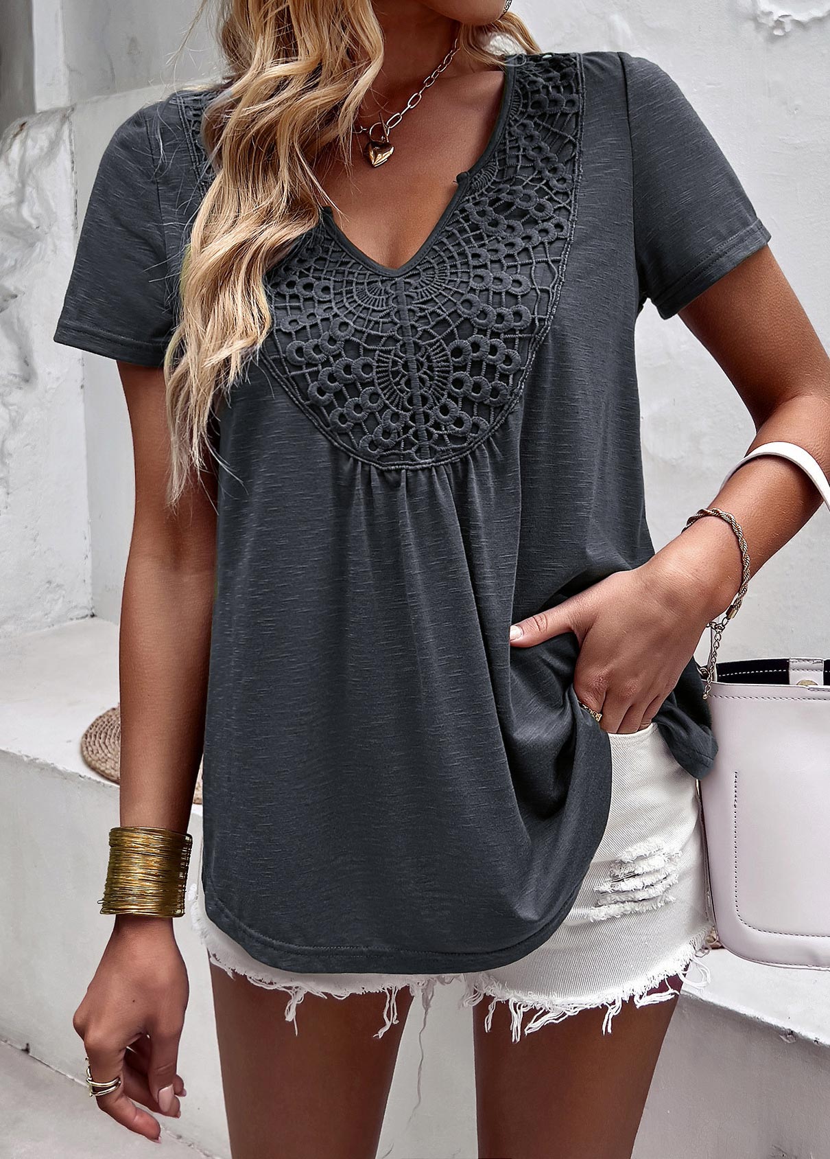 Dark Grey tops,Plain Color tops,Lace Dark Grey V Neck T Shirt