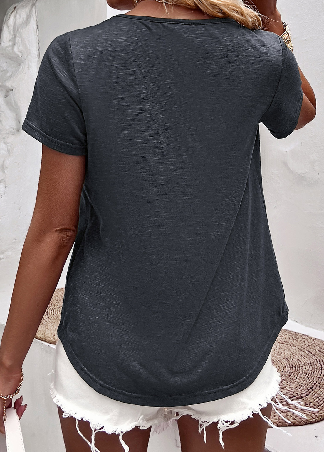 Dark Grey tops,Plain Color tops,Lace Dark Grey V Neck T Shirt