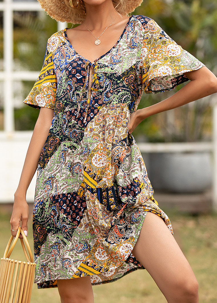 Multi Color swimwear,Floral swimwear,Geometric swimwear,Tie Multi Color Floral Print Cover Up