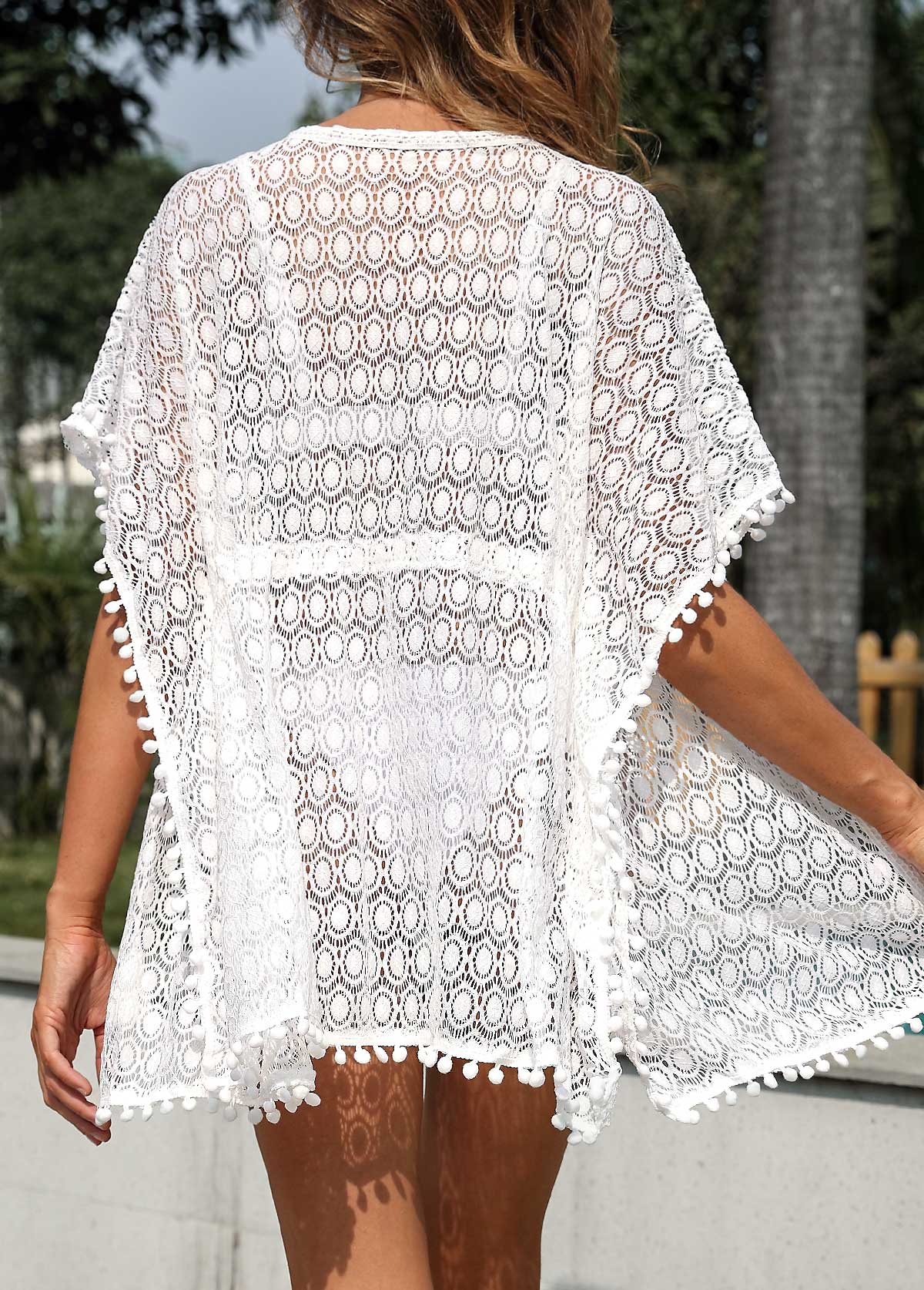 White swimwear,Plain Color swimwear,Tassel Tie Front White Cover Up