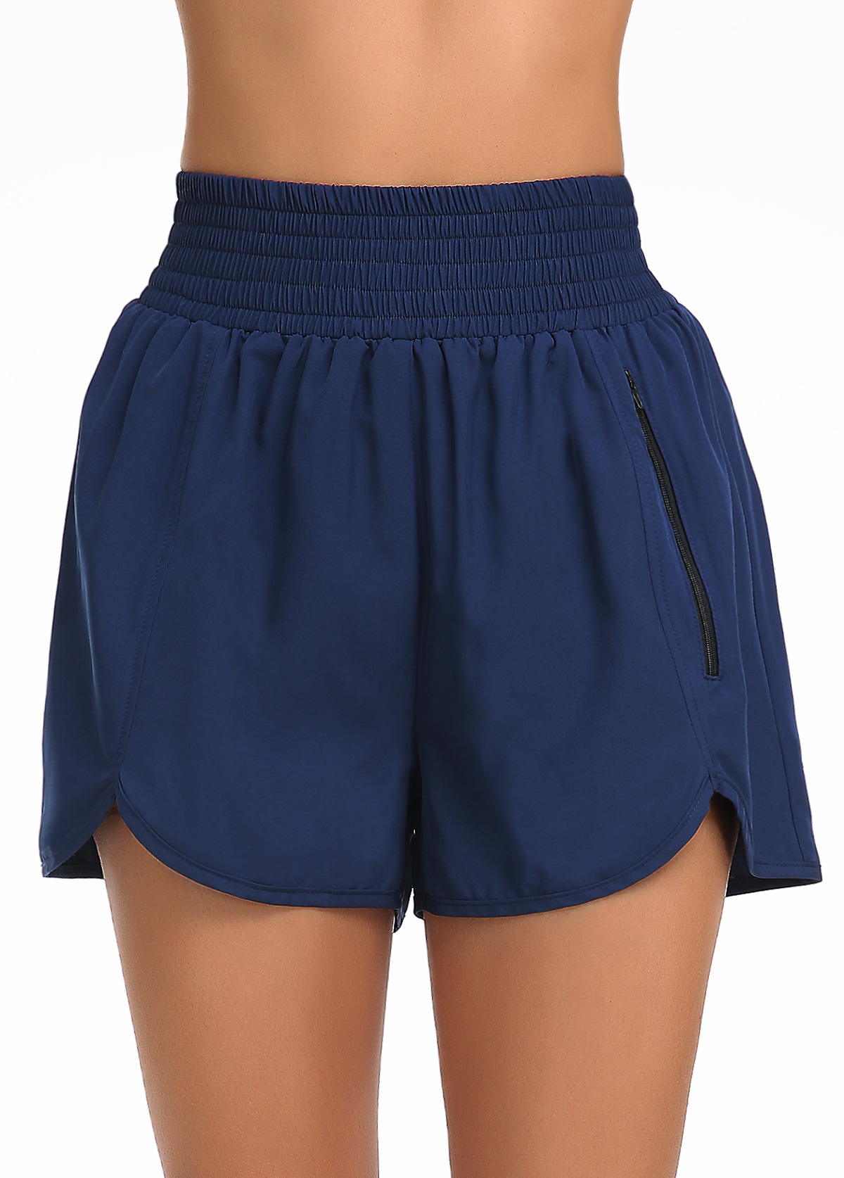 Blue swimwear,Plain Color swimwear,ROTITA Blue Smocked High Waisted Beach Shorts