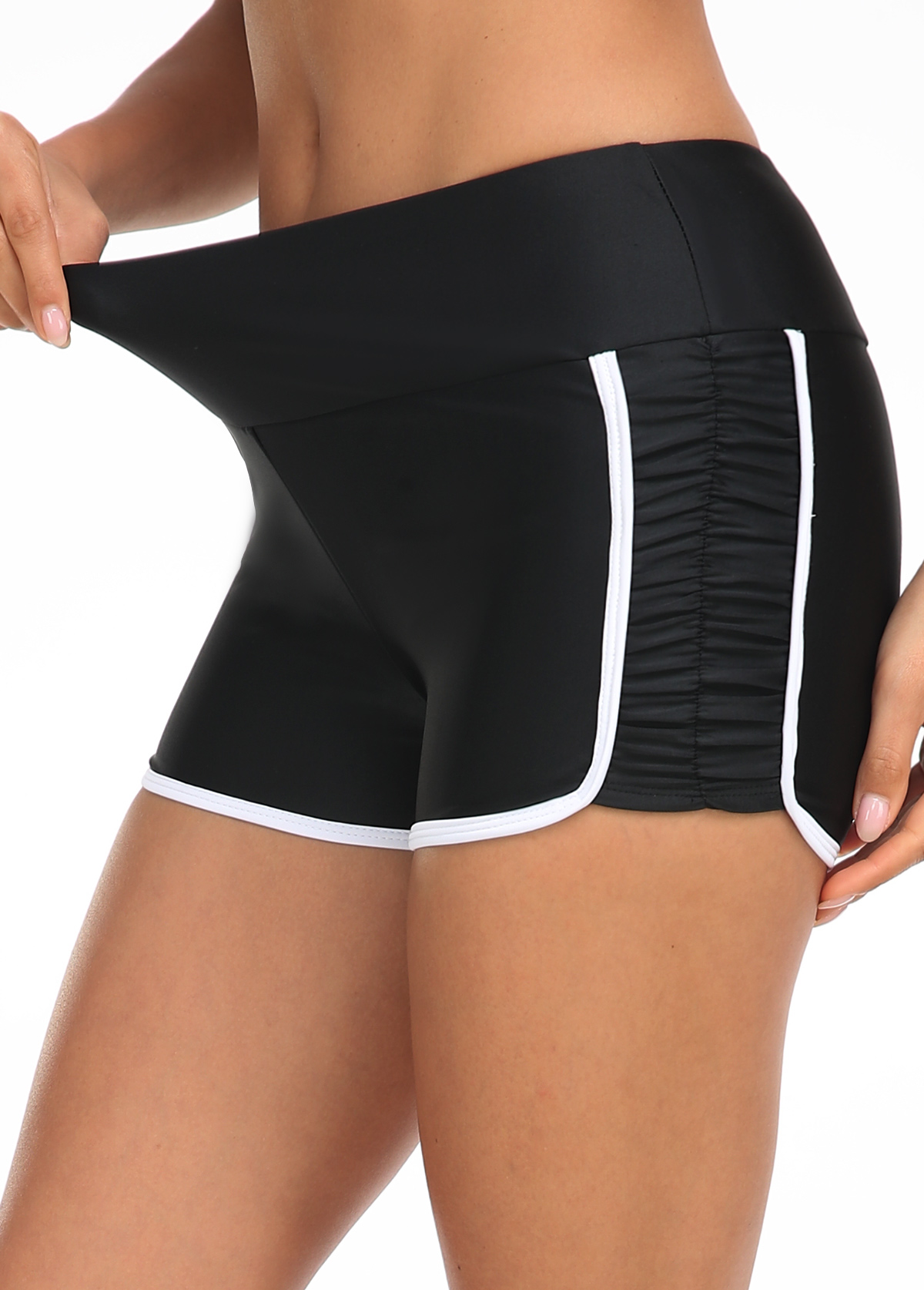 Black swimwear,Contrast Color swimwear,ROTITA Black Contrast Stitch Mid Waisted Swim Shorts