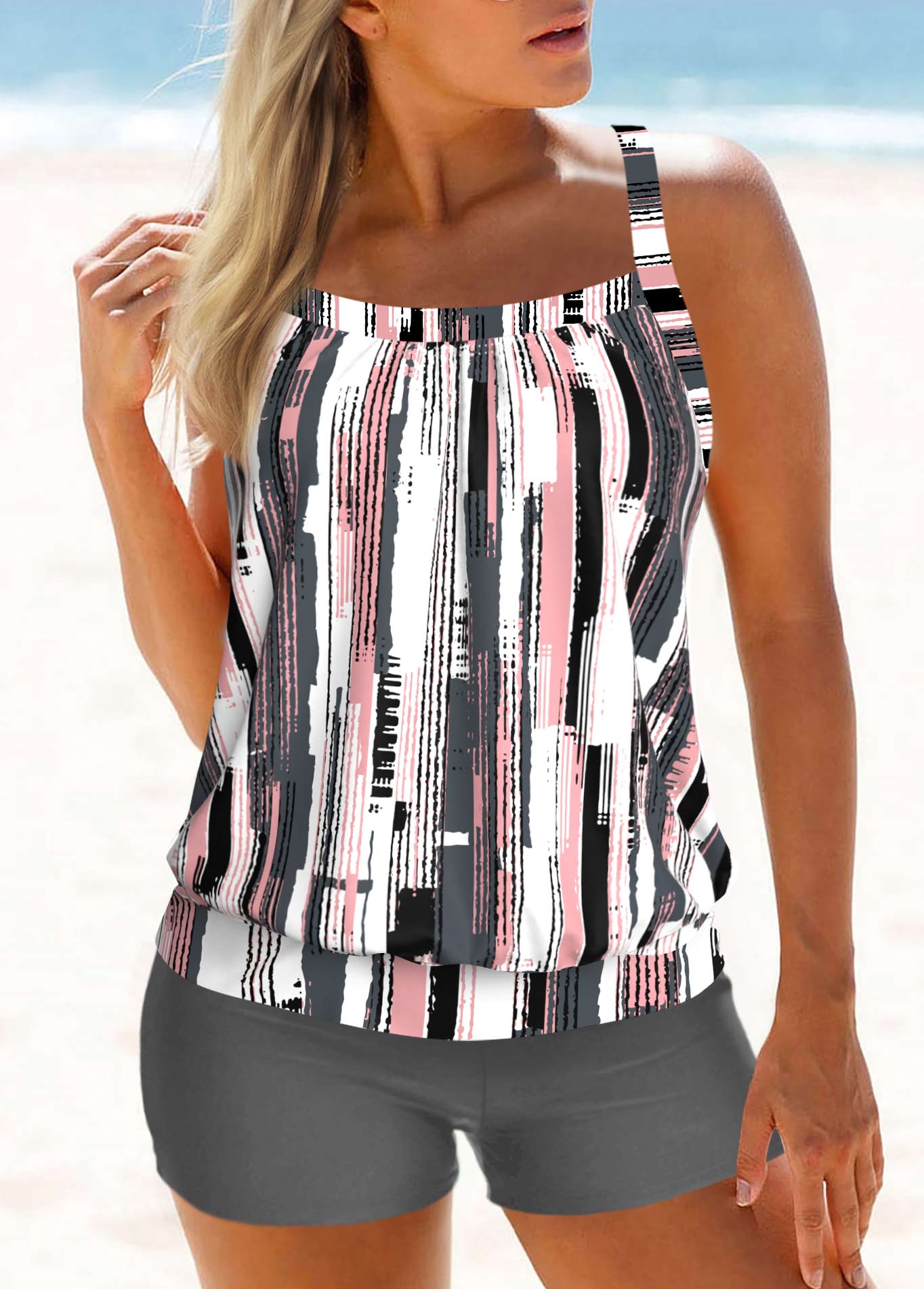 ROTITA Plus Size Geometric Print Tankini Top-No Bottom