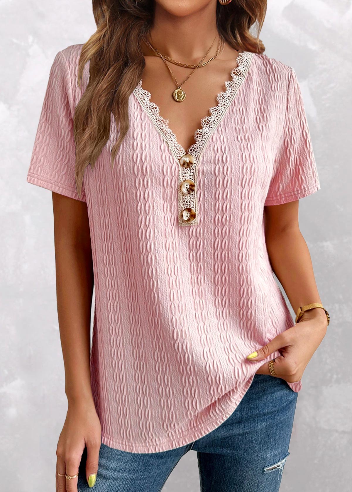 Pink plus size,Plain Color plus size,ROTITA Plus Size V Neck Short Sleeve T Shirt