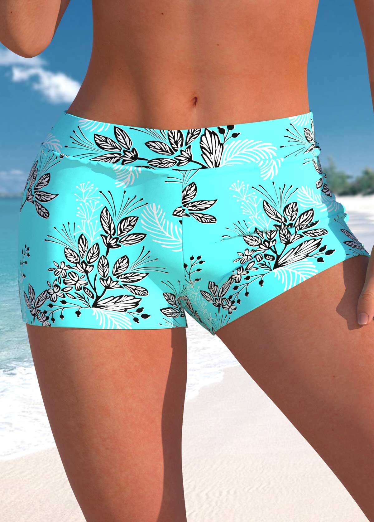 ROTITA Plus Size Mid Waisted Leaf Print Swim Shorts