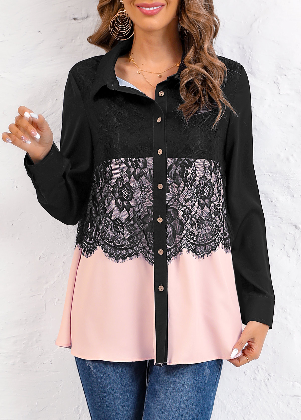 Pink plus size,Black plus size,Plain Color plus size,ROTITA Plus Size Shirt Collar Long Sleeve Blouse