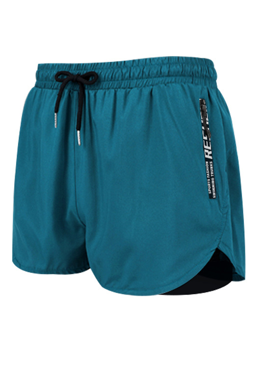 Turquoise swimwear,Plain Color swimwear,Drawstring Waist Turquoise Mid Waisted Men's Swim Trunks